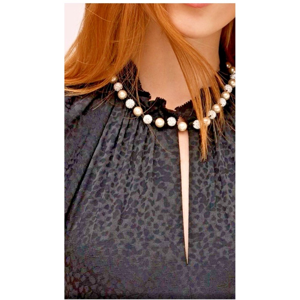 Kate Spade‎ Women Size Large Faux Pearl Neck Shell Black Animal Print